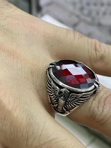 Miniatura 8 de Men Handmade Eagle Ring, Ruby Stone Ring, Silver Red Ruby Stone Ring, 925k Sterling Silver Ring, Handmade American Eagle Mens Ring