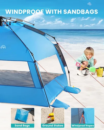 Miniatura 7 de OutdoorMaster Tienda de campaña de playa para 3-4 personas, fácil instalación y portátil, toldo de refugio solar con protección UV UPF 50+, tragaluz
