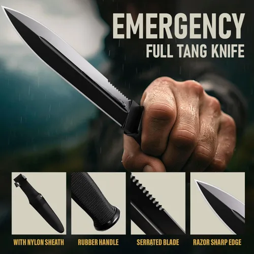 Miniatura 4 de Cuchillo táctico de supervivencia con funda, hoja fija de espiga completa de 6.5 pulgadas, borde dentado, cuchillo de caza con mango de goma 1.