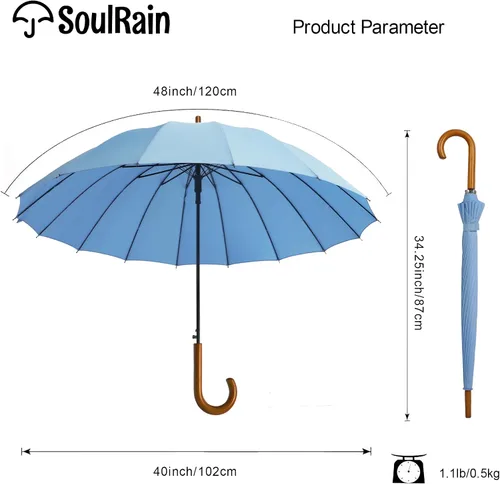 Miniatura 88 de SoulRain Paraguas de palo de 16 varillas de 48 pulgadas, apertura automática, color sólido, moderno y simple, mango de madera clásico de arco