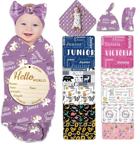 Miniatura 34 de Manta de bebé personalizada para niña y niño, manta de recepción con nombre personalizado con diadema de lazo y sombrero, regalos personalizados