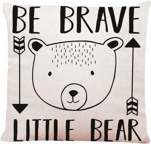 Funda de almohada con diseño de animal negro Be Brave Little Slogan y cabeza de oso, color blanco, adorable flecha, funda de cojín decorativa para