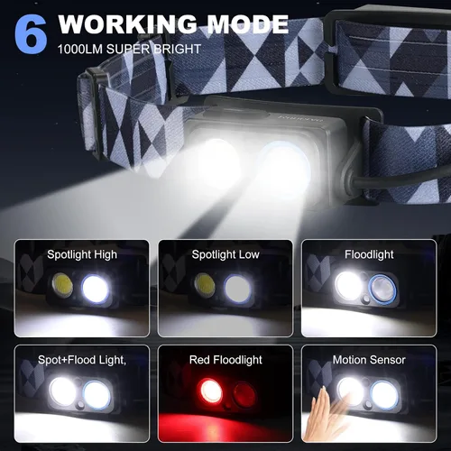 Miniatura 3 de Linterna frontal LED recargable, 1000 lm con sensor de movimiento, foco e reflector, inclinación de 90°, batería reflectante, IPX4 impermeable