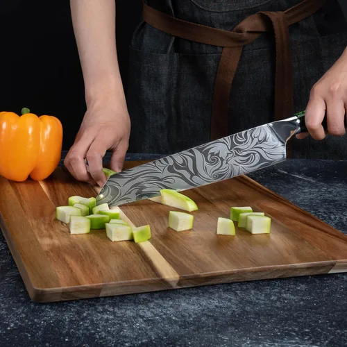 Miniatura 2 de SENKEN - Cuchillo japonés Kiritsuke de 9 pulgadas con asas de resina verde esmeralda, cuchillo de chef japonés grabado para el hogar, cocina