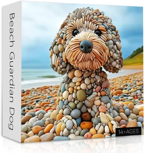 PICKFORU Divertidos rompecabezas de perro de 1000 piezas para adultos, rompecabezas de perro guardián de playa de verano, interesante tema de