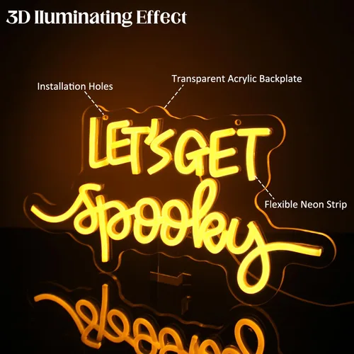 Miniatura 4 de Letreros de neón con texto en inglés "Let's Get Spooky", letrero de neón para Halloween, letras amarillas, luces de neón espeluznantes para pared