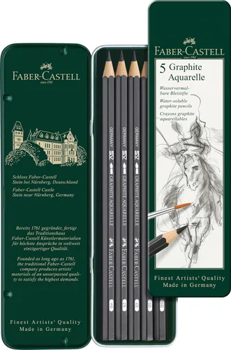 Faber-Castell 5 lápices de acuarela de grafito solubles en agua de calidad en lata, incluyendo HB, 2B, 4B, 6B y 8B, gris