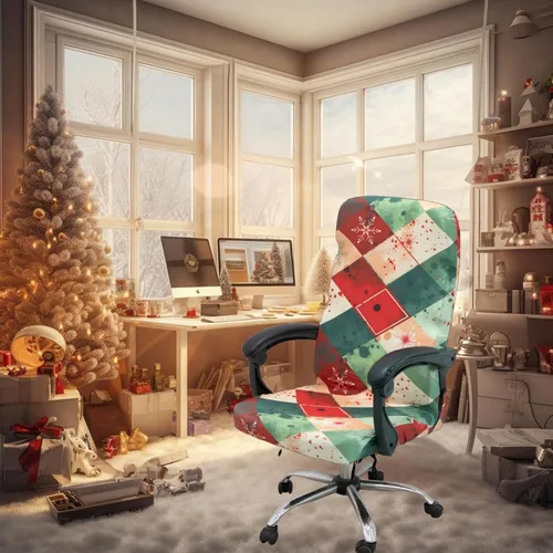 Miniatura 4 de Funda para silla de oficina de Navidad, color verde, alce impreso, piña, árbol de Navidad, copo de nieve, cascabel, funda elástica para silla