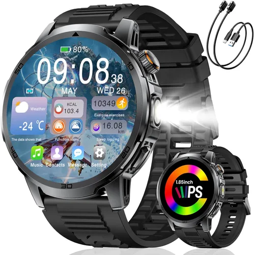 Miniatura 11 de Reloj inteligente militar para hombre, responder/hacer llamadas, reloj inteligente resistente HD de 1.85 pulgadas con batería de 1000 mAh, linterna