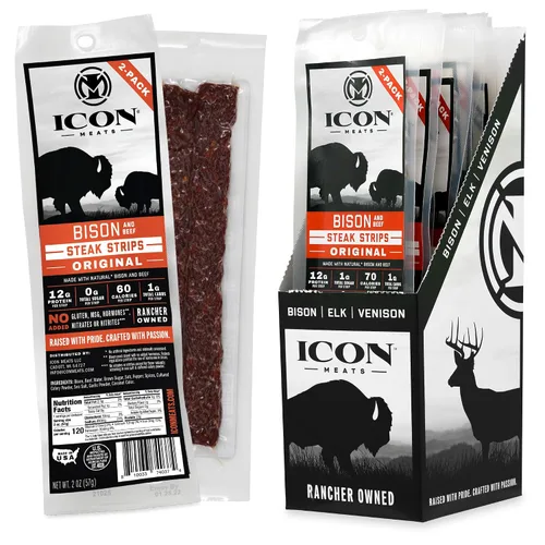 ICON Meats - Tiras de carne seca de bisonte y carne de res, sabor original, 8 paquetes por caja, 2 tiras por paquete, aprobadas por el USDA, palitos