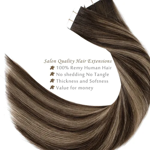 Miniatura 4 de Lacer Extensiones de cabello humano con cinta, cabello humano castaño mezclado con marrón oscuro con raíces de color marrón oscuro, invisible