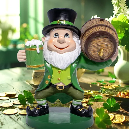 Miniatura 3 de Hodao Figura de gnomo del día de San Patricio, decoración festiva irlandesa, escultura de resina con maceta de oro, 5.2 pulgadas de alto