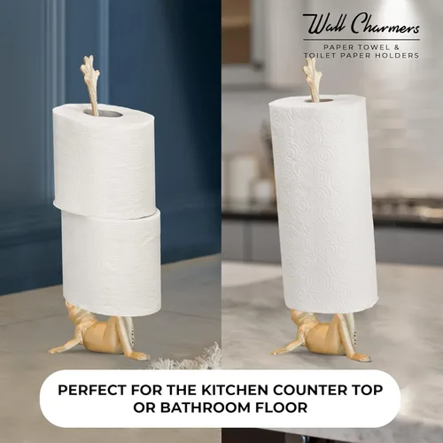 Miniatura 3 de WallCharmers Soporte para toallas de papel dorado, soporte de papel higiénico o de cocina de metal para piso o encimera, rana dorada