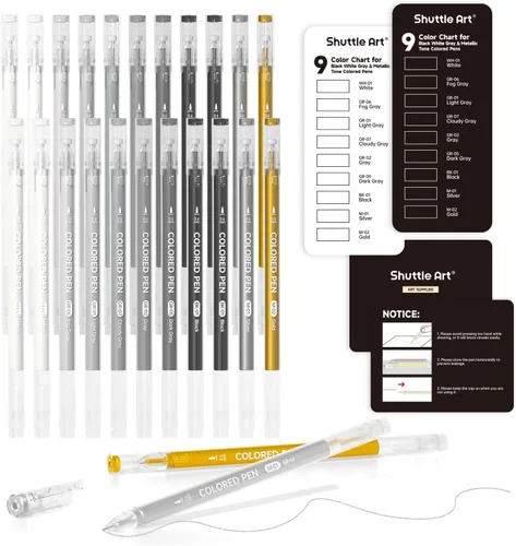 Shuttle Art - Bolígrafos de colores, 22 tonos negro, blanco, gris y metálico, lindos bolígrafos para diario, 0.6mm de punta fina, bolígrafos de gel