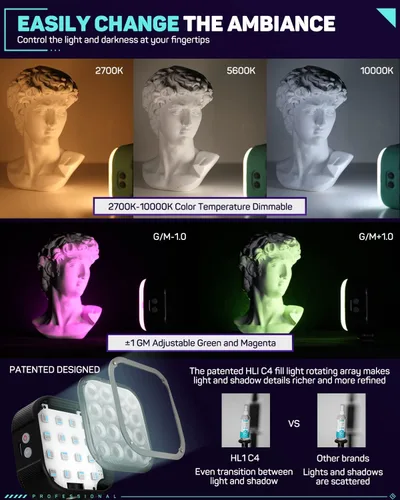 Miniatura 5 de IFOOTAGE Luz de video RGBW, luz de cámara RGB portátil, 2700K-10000K/CRI 95+/120 minutos de duración de la batería/recarga/control
