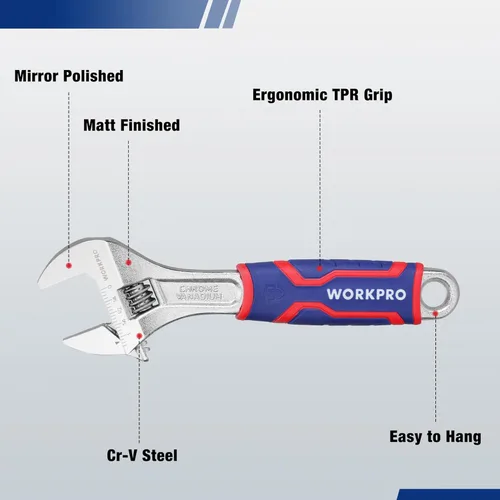 Miniatura 3 de WORKPRO juego de 3 llaves ajustables, llave de mandíbula ancha Cr-V con empuñadura antideslizante de goma, 6 pulgadas, 8 pulgadas, 10 pulgadas