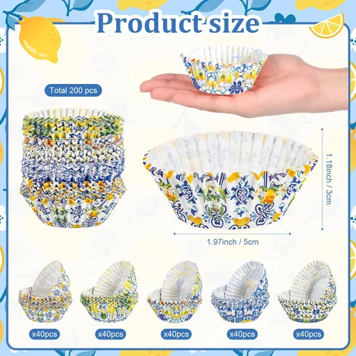 Miniatura 2 de Funrous 200 forros de papel para cupcakes de limón con azulejos azules, tazas de limón para hornear, encontró su principal decoración de despedida