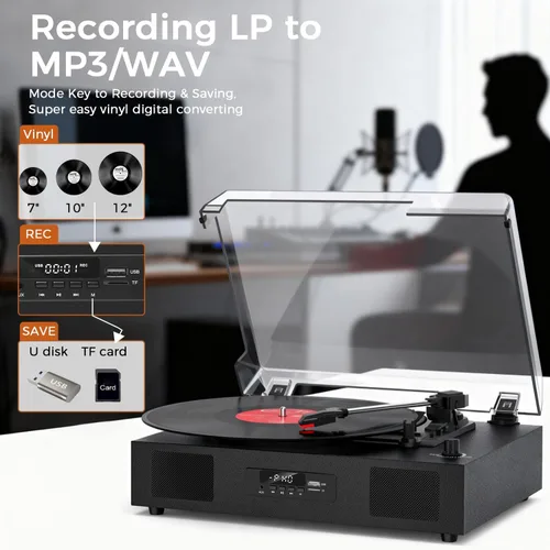 Miniatura 5 de Tocadiscos de vinilo Bluetooth con dos altavoces incorporados, grabación USB, transmisión por correa, 3 velocidades, tocadiscos para discos de Negro