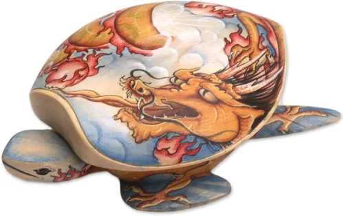 NOVICA Joyero de tortuga de madera, multicolor, tortuga con corazón de dragón
