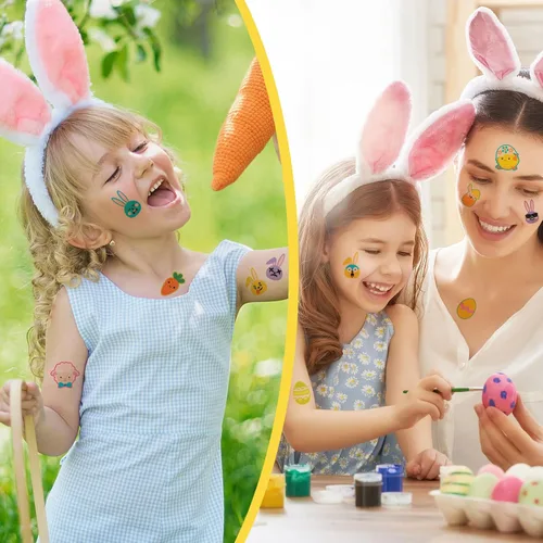 Miniatura 6 de Nosiny 240 piezas de tatuajes temporales con purpurina de Pascua, huevos de conejito feliz, pollo, zanahoria, accesorios de ropa, calcomanías