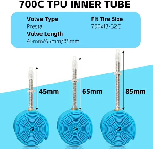 Miniatura 8 de Paquete de 4 tubos interiores ultraligeros de TPU para bicicleta, 700x18C/23C/25C/28C/30C/32C Presta 45/65/3.346 in para viajes diarios, conducción