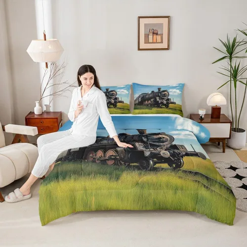 Miniatura 4 de Erosebridal Juegos de Edredón de Tren Tamaño Full, Juego de Ropa de Cama Retro con Motor de Vapor para Niños y Adolescentes, Juegos de Edredón