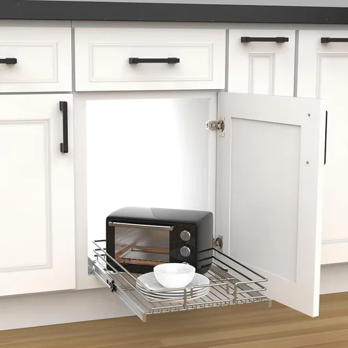 Miniatura 9 de Organizador de gabinete extraíble, estante deslizante de metal resistente para armarios de cocina, cromado, no incluye accesorios de puerta