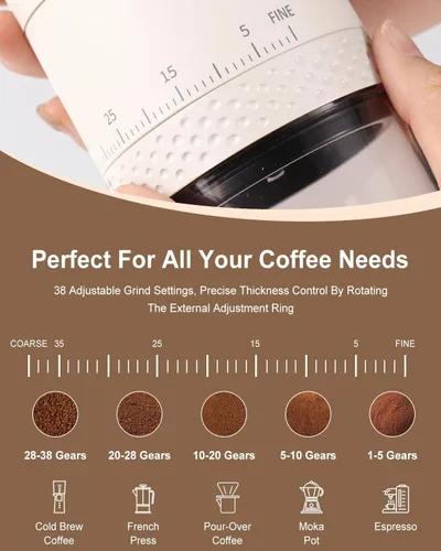 Miniatura 4 de Molinillo de café eléctrico portátil de acero inoxidable 420, molinillo de café expreso recargable con 38 ajustes de molienda ajustables Beige