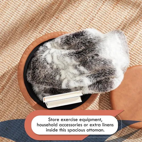 Miniatura 7 de Ornavo Home Lawrence Otomana Redonda de Almacenamiento con Tapa Desmontable y Mesa de Café con Bandeja, Otomana con Almacenamiento para Sala