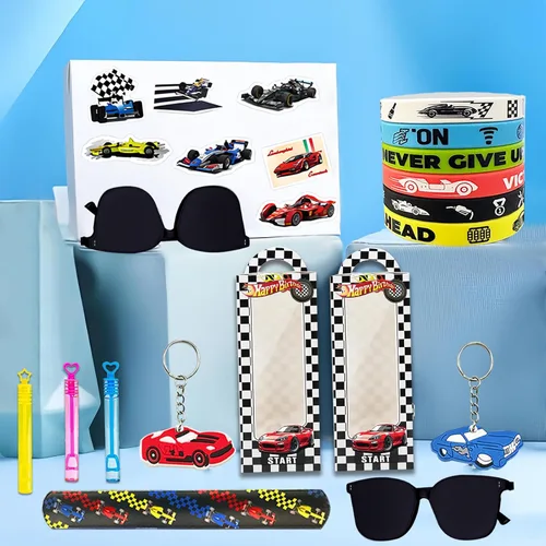 Miniatura 6 de Juego de 120 piezas de recuerdos de fiesta de autos de carreras, decoraciones de cumpleaños de automóvil, incluyendo pulseras de palmada, llaveros