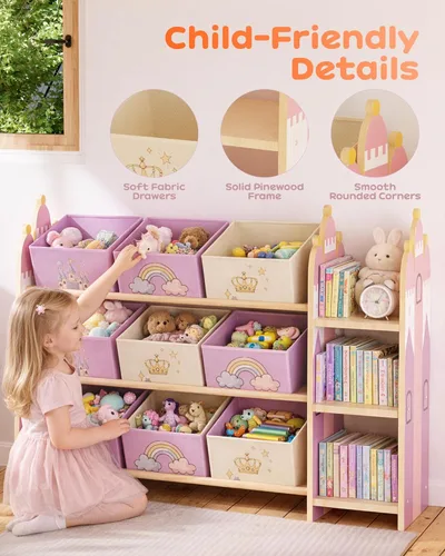 Miniatura 5 de Organizador de almacenamiento de juguetes con 3 estantes y 9 contenedores, estantería de castillo rosa y estantería para niños, estante de juguetes