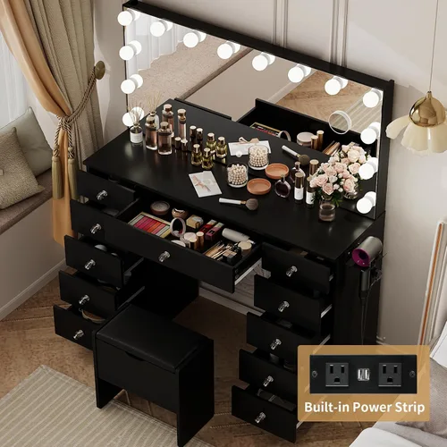 Miniatura 2 de VOWNER Tocador con espejo iluminado - Escritorio de maquillaje con luces y 11 cajones, 3 modos de iluminación de color con brillo ajustable