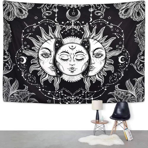Miniatura 2 de Ftuency Tapiz de sol y luna, tapices en blanco y negro, sol ardiente místico con estrella, decoración para colgar en la pared para dormitorio