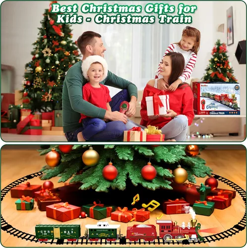 Miniatura 6 de Hot Bee Juego de tren de Navidad con control remoto, juguetes de tren con humo, luces y sonido, juegos de tren de Navidad para alrededor del árbol