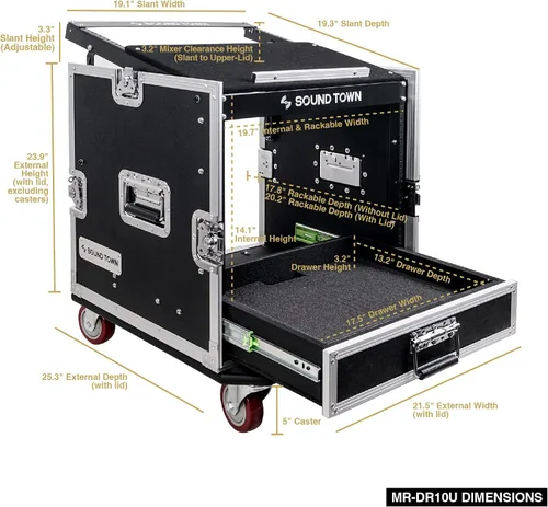 Miniatura 7 de Sound Town Rack/Estuche ATA de Carretera para Audio Profesional PA DJ de 10U con Cajón de 2U, Parte Superior de Mezclador Inclinado de 11U, Mesa