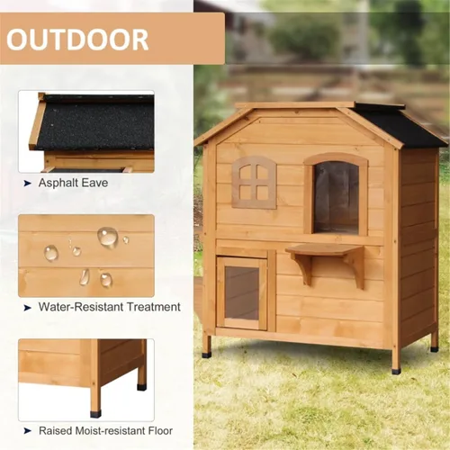 Miniatura 4 de 2-Story Cat House with Multiple Entrances - Outdoor & Indoor Wooden Cat Condo with Asphalt Roof, Waterproof Paint, Jump Ledges & Easy-Clean Opening