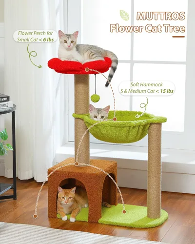 Miniatura 2 de MUTTROS Árbol para gatos con flores con postes rascadores de sisal, linda torre para gatos de 35" con hamaca verde grande para gatos pequeños