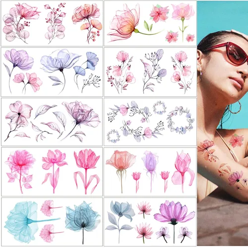 Miniatura 2 de Tatuajes temporales de flores para mujer, 10 hojas de calcomanías de tatuaje de acuarela falsa de lirio de rosas, arte impermeable para cara