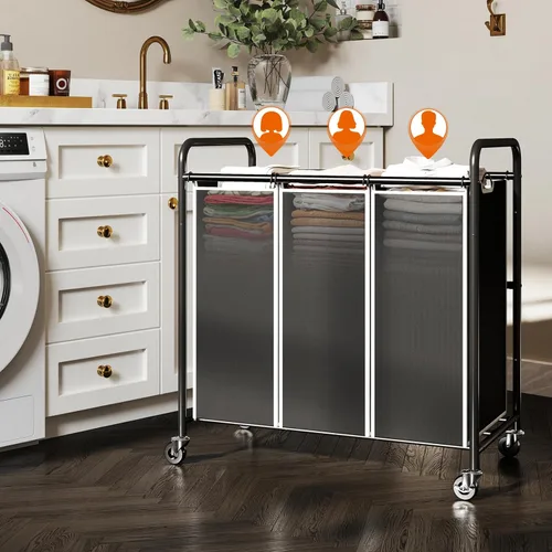 Miniatura 3 de ROMOON Clasificador de ropa resistente de 3 compartimentos, cesta con forro extraíble y ruedas, organizador que ahorra espacio para lavandería, Negro