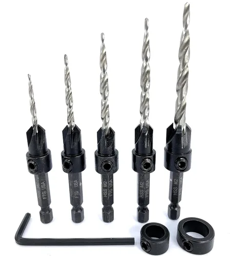 Miniatura 2 de FTG USA Juego de brocas avellanadoras de madera ajustable, 5 piezas, broca avellanadora #4 #6 #8 #10 #12 con broca cónica para carpintería