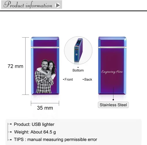Miniatura 6 de Encendedor de arco eléctrico con foto personalizada USB recargable a prueba de viento, interruptor táctil grabado personalizado con indicador