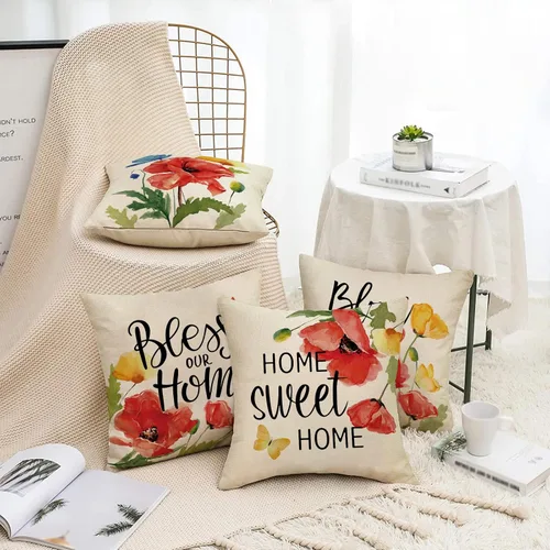 Miniatura 4 de Fahrendom Juego de 4 fundas de almohada decorativas de flores florales de 16 x 16 pulgadas, funda de cojín para sofá o sillón, primavera y verano