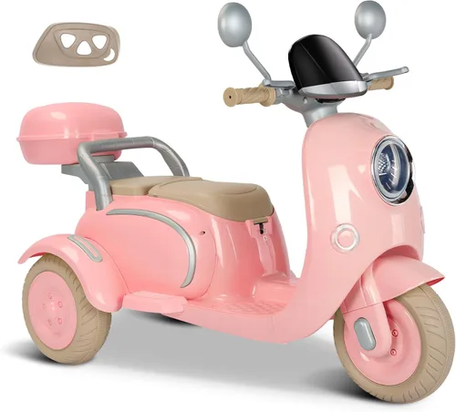Miniatura 11 de Motocicleta eléctrica para niños de 2 plazas con control remoto, 3 ruedas de 12 V con USB, música, Bluetooth, luz, caja de almacenamiento grande, 2