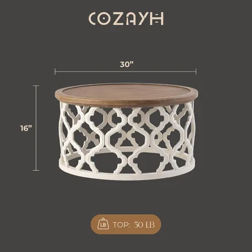 Miniatura 3 de COZAYH Mesa de centro redonda de granja, bandeja de madera envejecida con base curvada, mesa rústica bohemia para sala de estar, color blanco