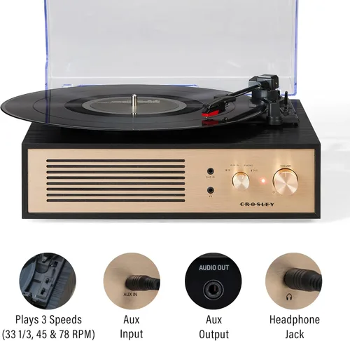 Miniatura 2 de Crosley CR6045A-BK Miles 3-Velocidades Bluetooth Entrada/Salida Reproductor de Discos Tocadiscos con Altavoces Integrados, Negro