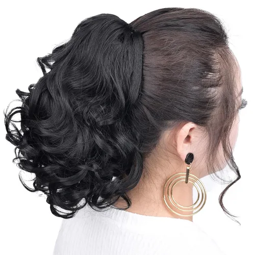 Miniatura 4 de Extensión de cola de caballo negra con clip de garra, ondulada, 10 pulgadas, 3.5 onzas, sintético, como verdaderos, postizos, para mujer, Yaki