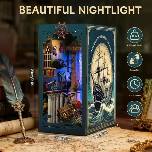 Miniatura 7 de Kits de rincón de libro para adultos, rompecabezas 3D misterioso del océano con LED, diorama de naufragio pirata y decoración de conchas marinas