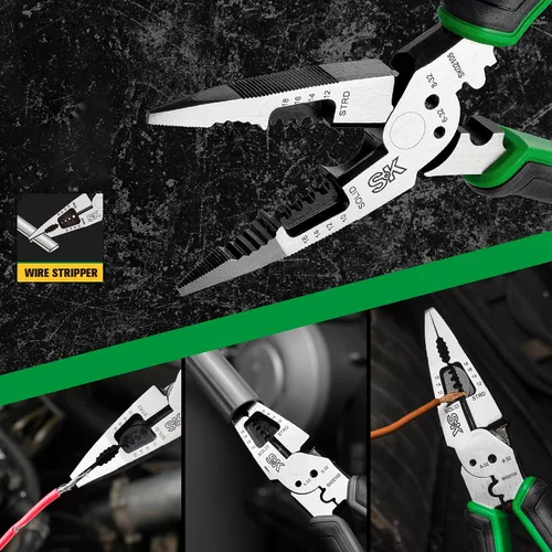 Miniatura 7 de SK Alicates de punta larga multiusos de 8 pulgadas, alicates de punta de aguja, 7 en 1, mango ergonómico antideslizante para un agarre cómodo