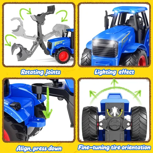 Miniatura 5 de Funwee Juego de Juguete de Tractor RC con Luz y Sonido, Coche de Granja para Niños con Remolque de Animales, Ruedas, Camión a Control Remoto, Azul