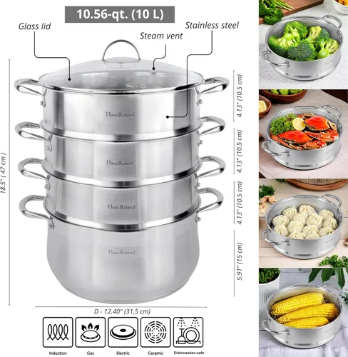 Miniatura 2 de Olla de vapor de acero inoxidable de 3 niveles con tapa, olla de vapor para cocinar (3 niveles), olla de cocina de múltiples capas, sartén de cocina